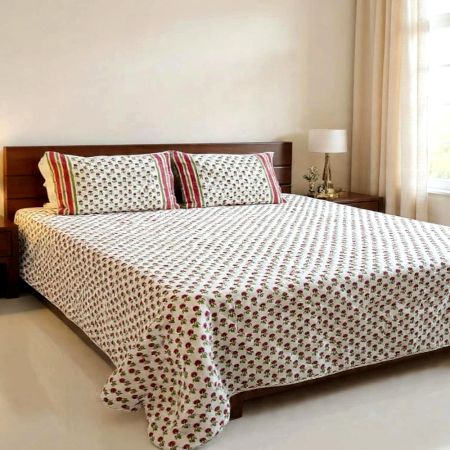 Handmade Pink Butta Pattern Mulmul Cotton Quilted Bedcover